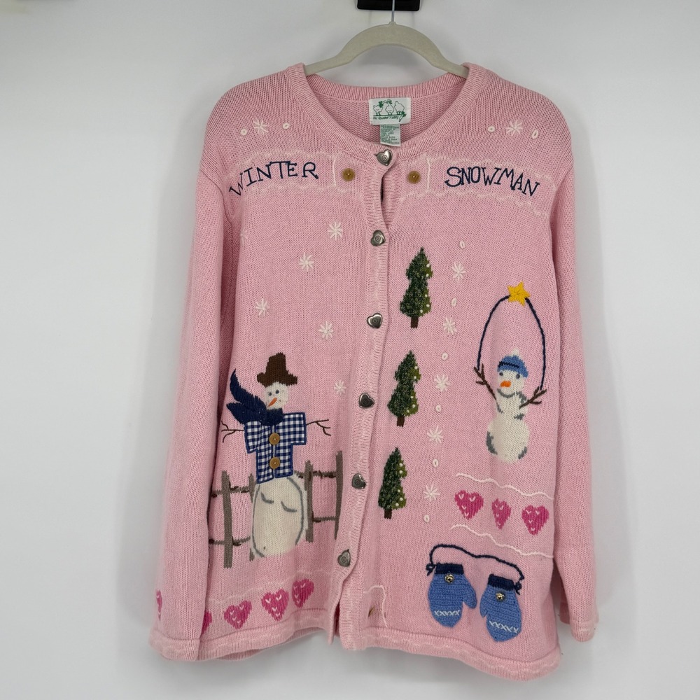 Quacker Factory Pink Snowman Christmas Cardigan 2X Ramie Cotton Novelty